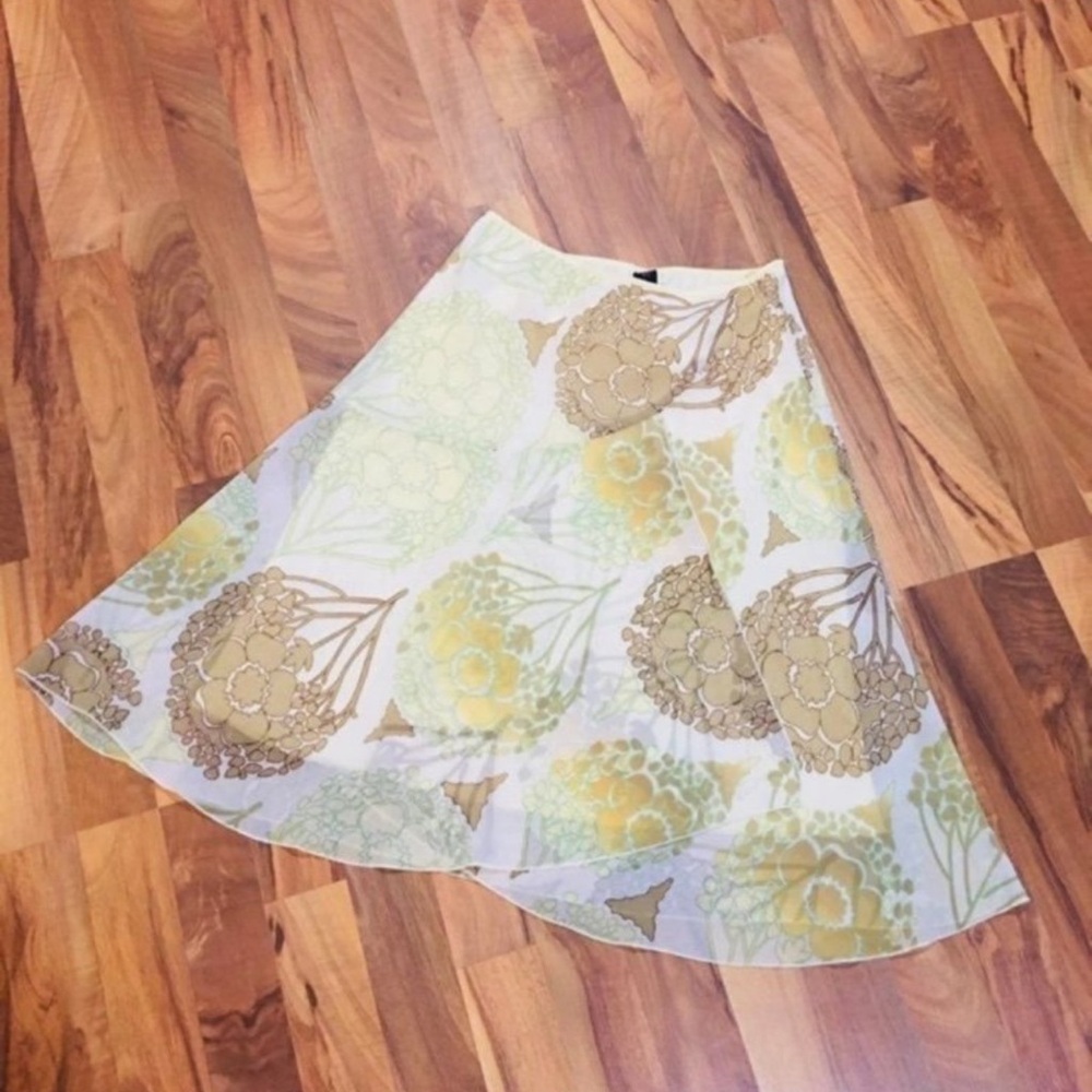 New Vintage Pineapple Yellow Floral Flare Layered Skirt Summer Pastel Midi